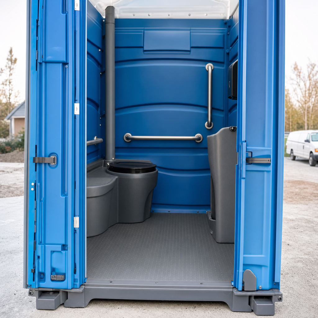 Interior view of an ADA compliant portable toilet showing grab bars and a ground-level entry threshold