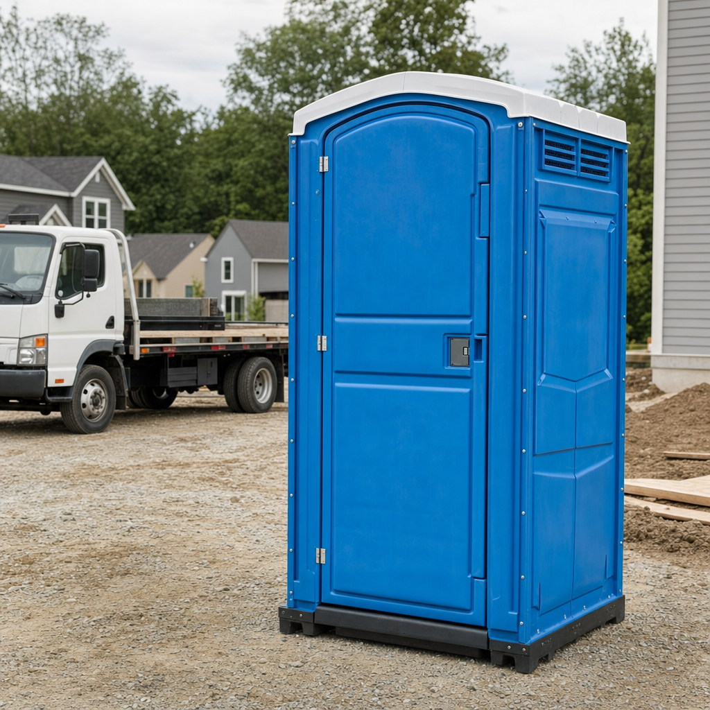 Delivery driver positioning a clean royal-blue portable toilet on level ground at a Meridian worksite