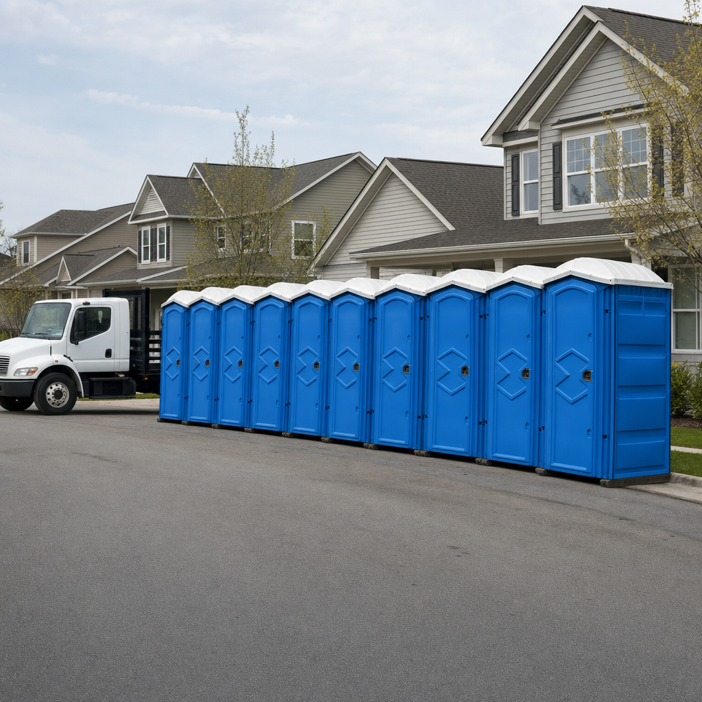 Royal blue portable toilets staged in a tidy row at a Meridian jobsite, ready for delivery
